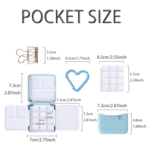 WTYONZEL Travel Pocket Watercolor Set, Artist Outdoor Sketch Kits with 24 Well Palette,3 Foldable Palettes,Clip-on Washing Bucket,Silicone Bag,Ideal for Outdoor Sketch Artists(Blue)