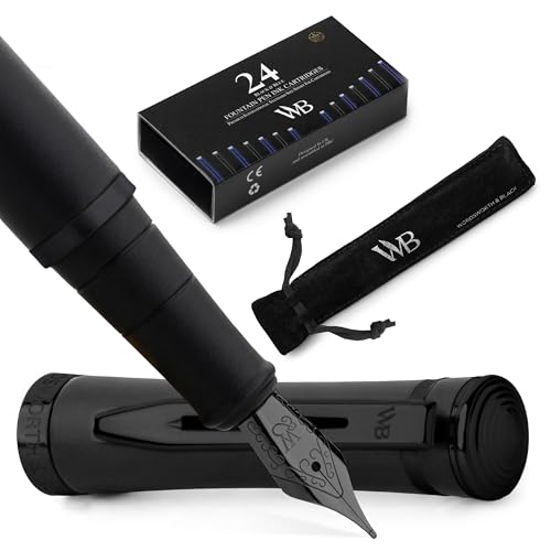 Wordsworth & Black Luxury Fountain Pen Set for Writing, Medium Nib, Black | Gift for Men & Women, Brass Body, 18K German Iridium, Calligraphy, Converter + 24 Ink Cartridges, Refillable, Leak-Free - color: All Black, style: Medium Nib