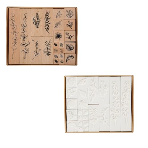 22 Pcs Plant Wooden Rubber Stamps Set, Wood Stamps for Journal, Diary, Scrapbook, Planner, Letter, DIY Craft, Card Making (Green Vitality) - color: Green Vitality