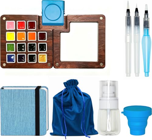 Mini Travel Watercolor Set,Portable Painting Kit with 15 Watercolor Paint Palette,Pocket Mini Watercolor Paint Set for Outdoor Travel Sketching,Beginners, Hobbyists & Artists Painters-Ideal Gift - color: Blue