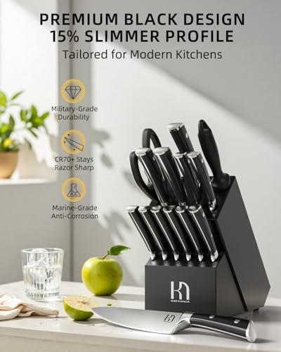 KnifeSaga Knife Set 15 Pcs High Carbon Stainless Steel Kitchen Knife Sets with Block & Sharpener, Premium Razor-Sharp Black Knives Block Set for Kitchen, Ergonomic Full-Tang Handle - color: Dark Black