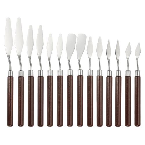 YOKIVE 14 Pcs Stainless Steel Palette Knife, Professional Art Spatula Set Oil Painting Accessories Color Mixing Scraper with Wood Handle, Great for Canvas Acrylic Painting (Red Brown) - color: Red Brown