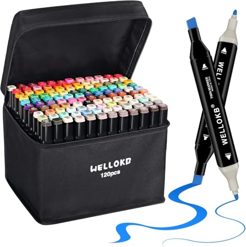 WELLOKB Alcohol Markers, 120 Colors Dual Brush Tip Permanent Art Markers for Drawing,for Adult Coloring, Alcohol, Based Ink Ideal for Book Painting and Card Making - color: Black, size: 120