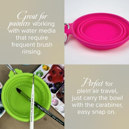 Silver Brush Limited Silver Essentials Paintbrush Water Bowl, 760ml/25.7oz | 2 Pack, Watercolor, Watermedia, Round, Reusable Artist Water Cup, Collapsible, With Carabiner Clip, Leak-proof, Silicone - size: 760ml