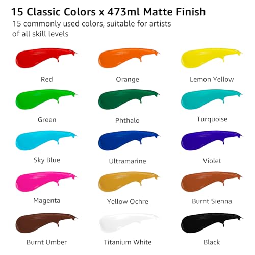 ABEIER Large Bulk Acrylic Paint Set, 15 x 16 fl oz, Non-Toxic | Matte finish, rich pigments, thick consistency, smooth blending, waterproof when dry, palette knife and sponge included - color: 15 Colors
