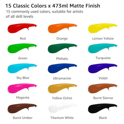 ABEIER Large Bulk Acrylic Paint Set, 15 x 16 fl oz, Non-Toxic | Matte finish, rich pigments, thick consistency, smooth blending, waterproof when dry, palette knife and sponge included - color: 15 Colors