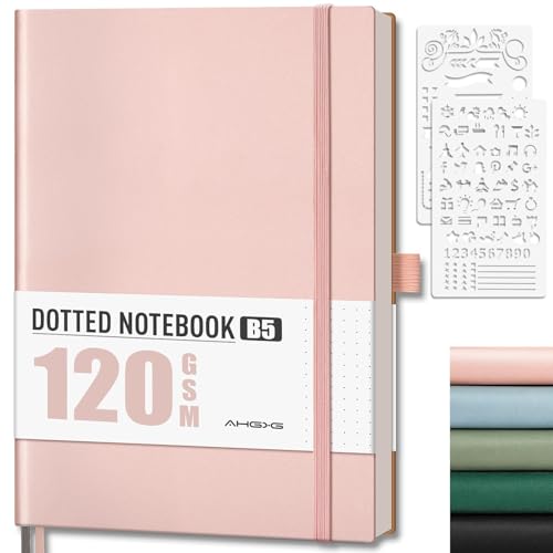 AHGXG Dotted Journal - Dot Grid Notebook Journal, 120 GSM Thick Acid-Free Paper, Large B5 Dotted Notebook 96 Pages, Leather Softcover, Inner Pocket, Journal Stencil, 7.6'' X 10'', Rose Gold - color: Rose Gold, style: B5-Dotted-120G