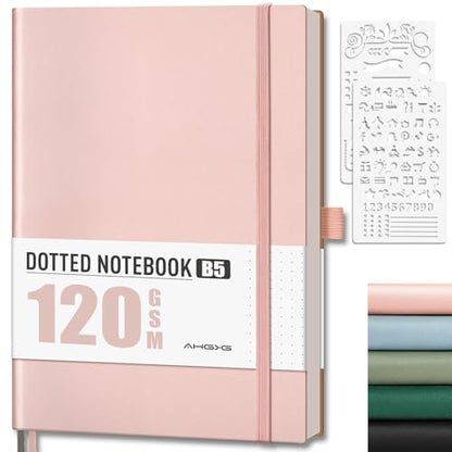 AHGXG Dotted Journal - Dot Grid Notebook Journal, 120 GSM Thick Acid-Free Paper, Large B5 Dotted Notebook 96 Pages, Leather Softcover, Inner Pocket, Journal Stencil, 7.6'' X 10'', Rose Gold - color: Rose Gold, style: B5-Dotted-120G