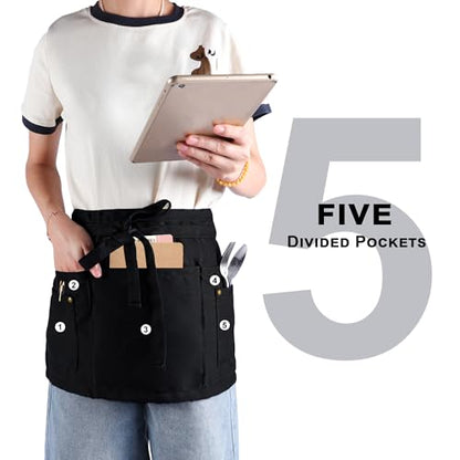 Server Apron with 5 Pockets - Rivet buckle Unisex Short/Half Waiter Waist Short Apron - color: Black