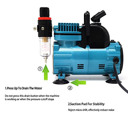 Quiet Airbrush Compressor Kit – 1/5HP Auto Start/Stop, 4 Bar, Dual Holders & 6FT Air Hose for Model Painting, Tattoo, Cake Decor, Nail Art