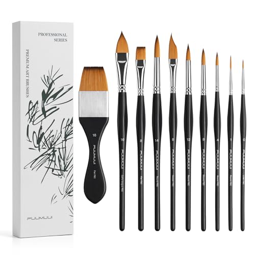 Fuumuui Watercolor Paint Brushes, Professional 10Pcs Synthetic Sable Water Color Brushes for Adult with Wide Flat, Round, Dagger, Cat's Tongue, Liner for Watercolor Gouache Inks Painting - color: Gray