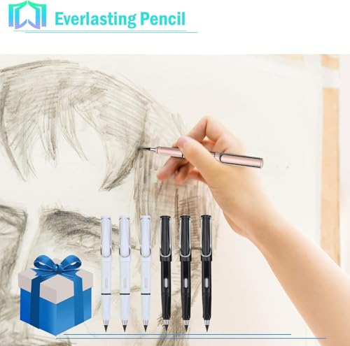 6 Sets Everlasting Pencil, Infinity Pen, NO-Sharpening Pencils for Writing Drawing Students Sustainable for Home Office School Supplies (6 Pens + 6 Erasers + 8 Replaceable Nibs) - color: Black+White