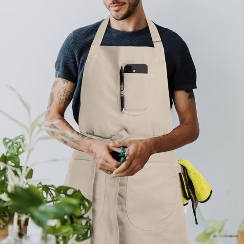 Unisex Apron with Pockets for Cooking, Salon & Art - 100% Cotton Adult Kitchen, Chef, Stylist Apron (Beige) - color: Beige