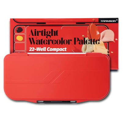 Transon Watercolor Palette Folding with Lid 18wells 2 Mixing Areas and 1 Large Mixing Tray Also for Gouache Acrylic Paint Palette Red Color - color: Red