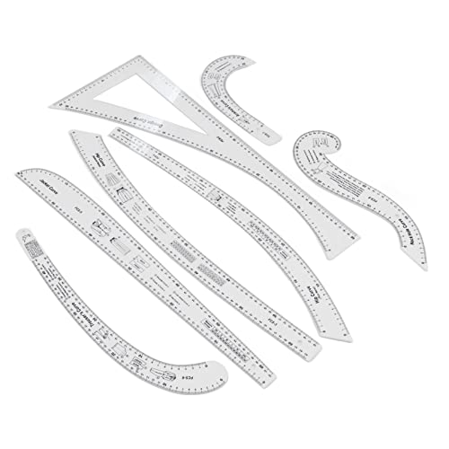 7Pcs Fashion Clear Metric Sewing Ruler Set, French Curve Pattern Ruler Kit for Beginners, Tailors, and Designers, Fashion Design Dress Makers Ruler, Clear Sewing Tailors Pattern Making Ruler