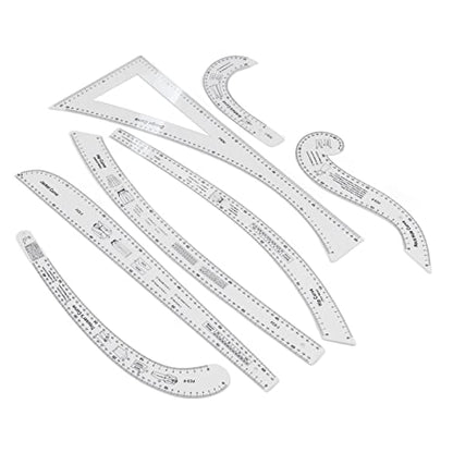 7Pcs Fashion Clear Metric Sewing Ruler Set, French Curve Pattern Ruler Kit for Beginners, Tailors, and Designers, Fashion Design Dress Makers Ruler, Clear Sewing Tailors Pattern Making Ruler
