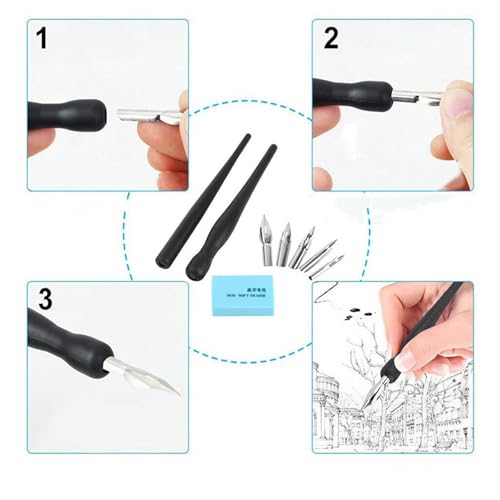 Manga Pen Cartoon Comic Pen Nib Drawing Tools Comic Dip Pen Set with 2 Black Pen Holders 5 Nibs 1 Drawing Eraser
