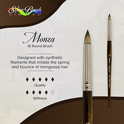 Silver Brush Limited Monza Short Round Oil and Acrylic Paintbrush, Size 10 | Short Handle, Fine Point Stiff Synthetic Mongoose Bristle, Thin and Broad Lines, Superb Paint Absorbency, Tabletop Painting - size: Size 10