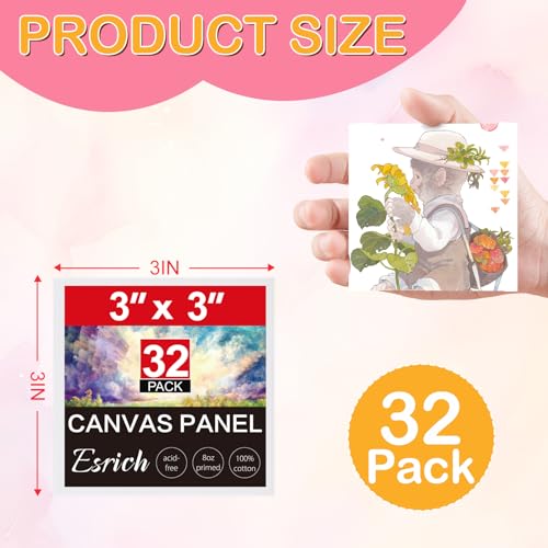 ESRICH 3x3IN Small Canvases for Painting, 32 Pack Mini Canvas Boards Cotton Painting Canvas Primed Acid Free Mini Blank Canvas Panels for Oil Paint,Watercolor,Acrylic Paint,Gouache&Tempera. - size: 3x3in 32pack