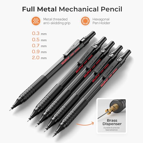 Nicpro Black Art 5PCS Mechanical Pencil Set, Metal Drawing With Lead Eraser - color: Black, style: 0.3 0.5 0.7 2.0