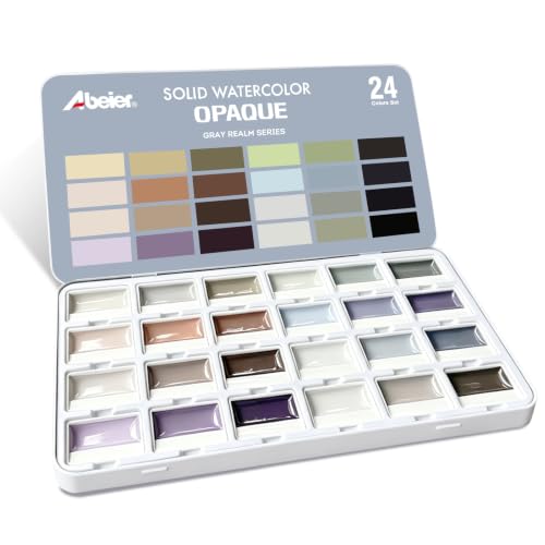 ABEIER Watercolor Paint Set, 24 Colors Opaque Semi-Solid, Muted Gray | Soft gray and earth tones, opaque coverage, smooth blending, removable pans, built-in mixing area, portraits and journals