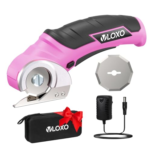 VLOXO Cordless Electric Scissors Electric Box Cutter for Thick Cardboard | Safety Lock, Replacement Blades and Adapter Charger for Cardboard, Leather, Fabric, Plastic Canvas Included Case(Pink) - color: Pink