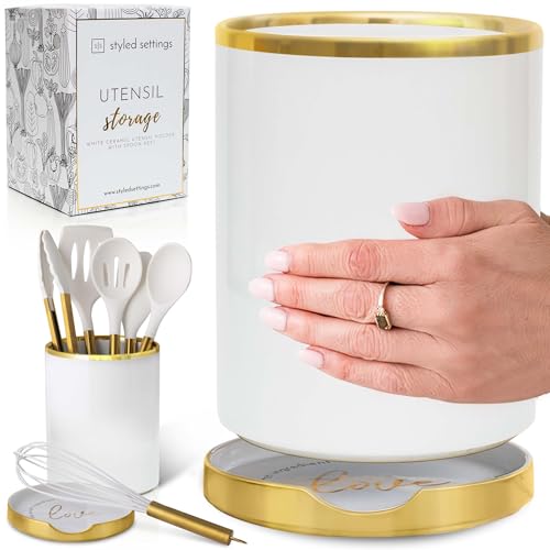 STYLED SETTINGS White Utensil Holder with Built-In Ceramic Spoon Rest | 2-Piece White and Gold Spatula Holder, Kitchen Accessory, Utensils Not Included, White & Gold - color: White & Gold