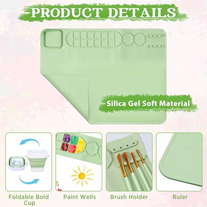 Painting Station Paint Brush Cleaner 20"X16" Silicone Paintings Mat with Cup and Paint Holder 10 Paintings Brushes Children's Painting Set Art Supplies for Kids Back to School Gifts DIY Crafts (Green) - color: Green