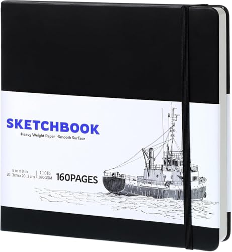 Hardcover Sketchbook 8×8 in, 180 GSM, 80 Sheets, Square Drawing Pad | Acid-Free Paper, Pu Leather Cover, Perforated Pages, Elastic Closure, Back Pocket, Flat-Lay Design - size: 8.3×8 Inch (1 Pack)