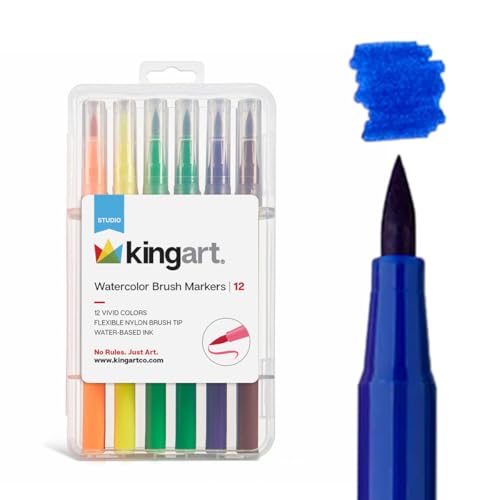KINGART Watercolor Brush Marker Set – 12 Vivid Colors – Flexible Nylon Tips for Sketching, Drawing, Calligraphy, & Painting – Reusable Storage Case Include - style: Set of 12