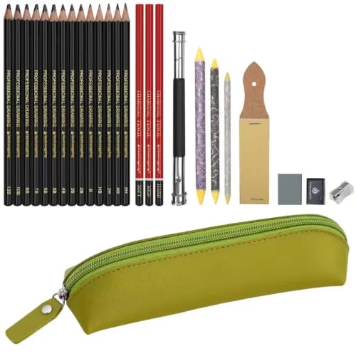 Heshengping 26 Pack Sketching Pencils Set with Light Green Pencil Case Premium Graphite Drawing Pencils Kit with Charcoal, Blending Stumps, Erasers, Ideal Art Supplies Gift for Artists, Beginners - style: Light Green | 26 Pack