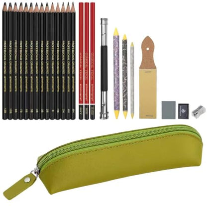 Heshengping 26 Pack Sketching Pencils Set with Light Green Pencil Case Premium Graphite Drawing Pencils Kit with Charcoal, Blending Stumps, Erasers, Ideal Art Supplies Gift for Artists, Beginners - style: Light Green | 26 Pack