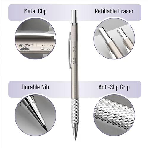 Mr. Pen- Metal Mechanical Pencil in Leather Case, 5 Pack, 5 Sizes, 0.3, 0.5 | 0.7, 0.9 & 2mm, 6x Tubes Lead Refill, Erasers & Sharpener for School Supplies, Note Taking, Drawing, Fathers Day Gift
