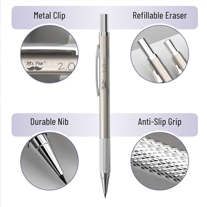 Mr. Pen- Metal Mechanical Pencil in Leather Case, 5 Pack, 5 Sizes, 0.3, 0.5 | 0.7, 0.9 & 2mm, 6x Tubes Lead Refill, Erasers & Sharpener for School Supplies, Note Taking, Drawing, Fathers Day Gift