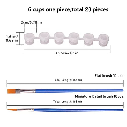 20 Strips 120 Pots Empty Paint Strips Mini Paint Cup Pots Storage Containers with Lids 20 Pieces (10 Miniature Detail+10 Flat Paint Brushes) for Kids Classrooms Schools Paintings Art Festivals - color: 20 Strips+10 Flat+10miniature Brush