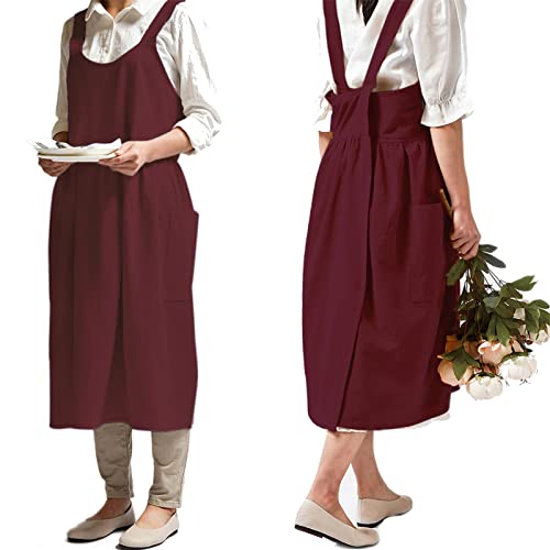 Japanese Cotton Cross Back Pinafore Apron for Women with Pockets Burgundy | Cross-Back, No Ties, Cotton linen, Smock Apron Dress, NEWGEM Farm Work Apron for Kitchen Cooking, Baking, Gardening, Painting - color: 06 - Magenta Apron Without Waist Ties