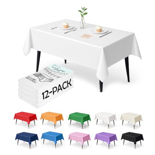 12-Pack White Plastic Tablecloths – 54 x 108 Inch Disposable Table Covers for Rectangle Tables, Heavy Duty & Waterproof for Parties, Events, Banquets Plastic Table Cover, White - color: White, size: 54" x 108" Rectangle