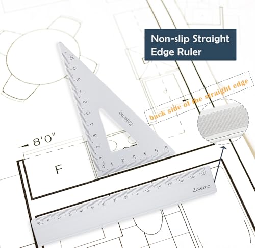 Geometry Ruler Set for Students, Metric Measurement 4-Piece Metal Math Drafting Kit with Non-Slip Design 15 cm Straightedge Ruler, 180° Protractor & 2 Triangles for School Kids (Silver) - color: Silver