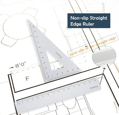 Geometry Ruler Set for Students, Metric Measurement 4-Piece Metal Math Drafting Kit with Non-Slip Design 15 cm Straightedge Ruler, 180° Protractor & 2 Triangles for School Kids (Silver) - color: Silver