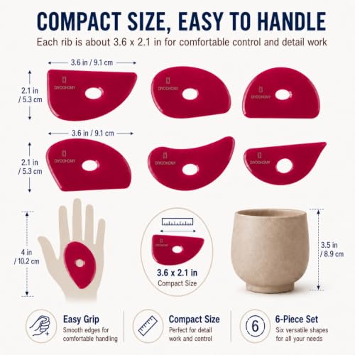 Diyoohomy 6pcs Soft Silicone Pottery Ribs for Ceramic, Mud and Clay Tools | Red Flexible Rubber Rib Trimming, Shaping, Smoothing Tools Kit And Supplies, Mudtools Wheel Throwing, Handbuilding, Sculpting - color: red-6