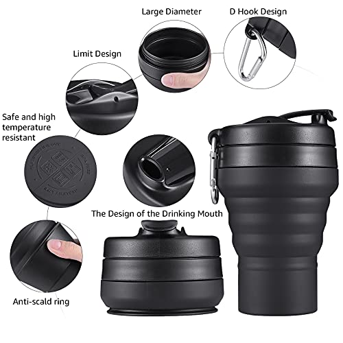 2PACK Collapsible Coffee Cup, 20 OZ 600ml Silicone Folding Camping Mug, Leak Proof BPA Free Portable Sport Bottle with Lids for hiking, Microwave & Dishwasher Safe (Black) - size: 2 x 20 Ounces