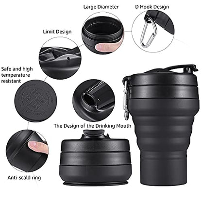2PACK Collapsible Coffee Cup, 20 OZ 600ml Silicone Folding Camping Mug, Leak Proof BPA Free Portable Sport Bottle with Lids for hiking, Microwave & Dishwasher Safe (Black) - size: 2 x 20 Ounces