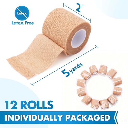 LotFancy Self Adhesive Bandage Wrap, 12 Pack, 2" x 5 Yards Non Woven Medical Tape, Latex Free, First Aid Tape for Athletic Wrist Ankle Sprains Swelling, Tan Color - size: 2x180 Inch (Pack of 12)
