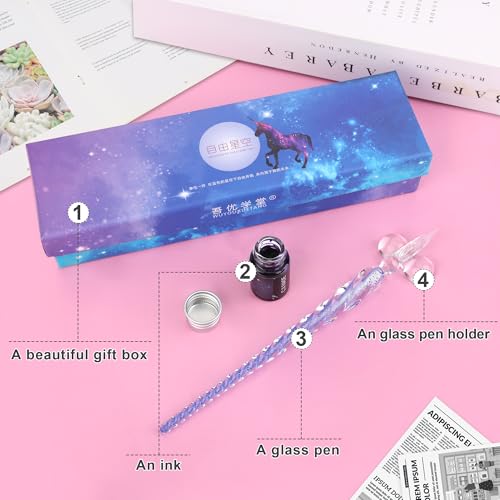 Luxiv Glass Dip Pen Set, Purple Crystal Pen With Ink, Holder, and Package - color: Purple, style: Basic