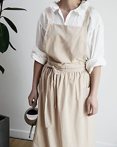 VLZUFE Women Cotton Linen Cross Back Apron with Pockets for Gardening Works Pinafore Dress - color: Wheat