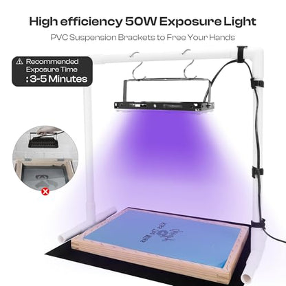 Caydo 51PCS All-in-One Screen Printing Kit with 50W LED UV Screen Printing Light, 4 Colors Screen Printing Ink, Photo Emulsion, Screen Printing Frames - size: 51PCS