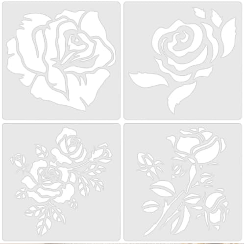 Rose Flower Stencil Set,5.9x5.9 Inch Reusable Flower Stencils Painting Crafts Templates for DIY Art Scrapbook Drawing Stencil for Painting on Wood, Wall, Furniture(4PCS)
