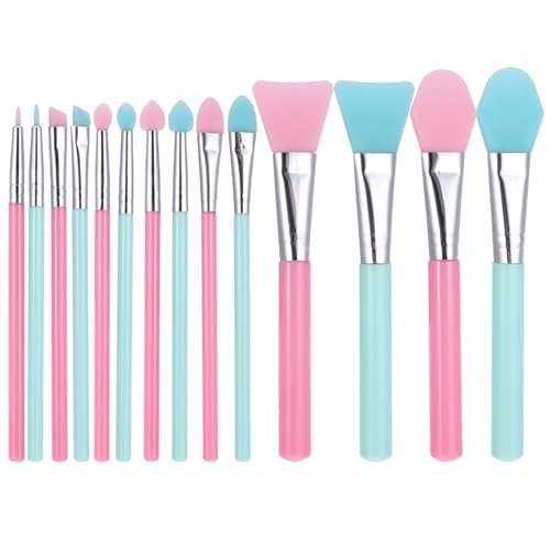 14 Pcs Silicone Makeup Brush Applicator Kit, Silicone Brush Applicator for Cream Makeup Products and UV Resin Epoxy Art Crafting, Resin Face Mask Brushes Green+Pink