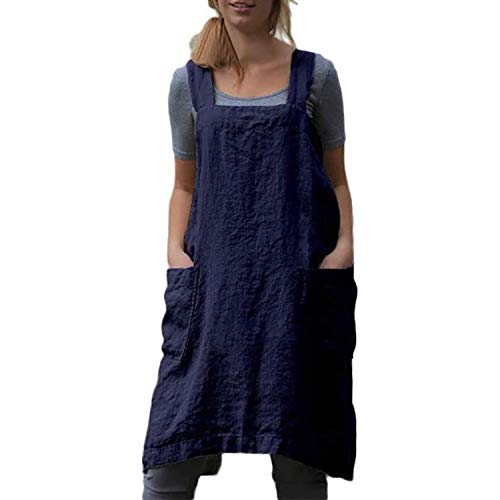 VLZUFE Cotton Linen Apron for women Cross Back Apron Pinafore Dress for Baking Cooking Gardening Work - color: Blue, size: Large