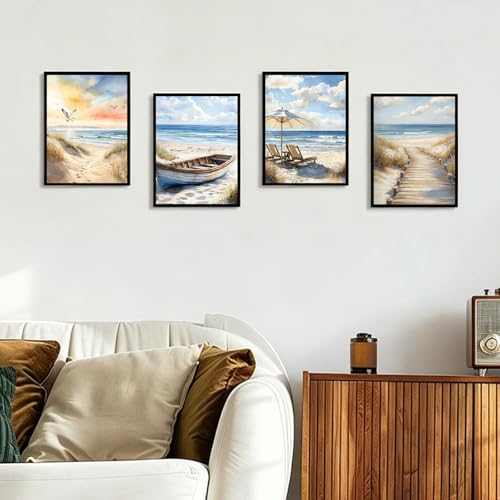 4 Pack Paint by Numbers Kit for Adults with Frame, Beach DIY Painting Kit - color: CYOP4P02